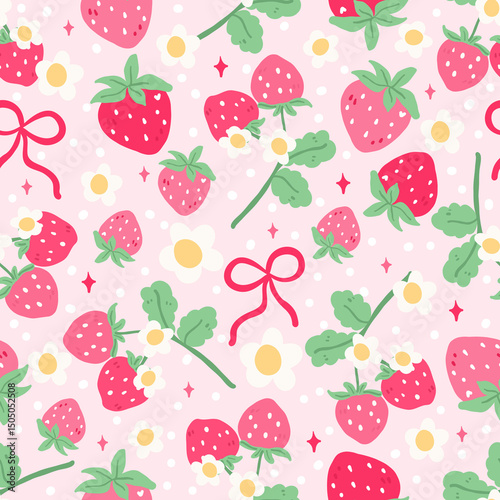 Strawberry Daisy Seamless Pattern, Pink Spring Floral Digital Paper, Cute Fruit Kawaii Aesthetic, Strawberry Fields Art