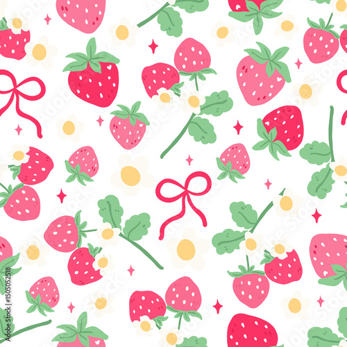 Strawberry Daisy Seamless Pattern, Pink Spring Floral Digital Paper, Cute Fruit Kawaii Aesthetic, Strawberry Fields Art