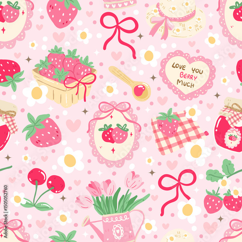 Strawberry Garden Seamless Pattern, Kawaii Spring Floral Kitchen Theme, Sweet Berry Jam and Picnic Design