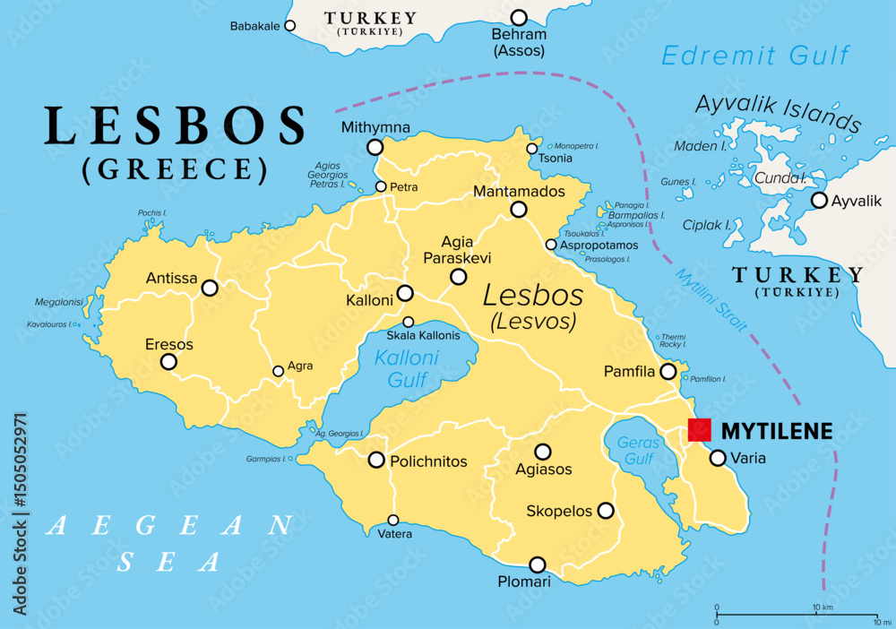 Obraz premium Lesbos, Greek island, political map. Also called Lesvos, located in the northeastern Aegean Sea, separated from Asia Minor by the narrow Mytilini Strait, and with capital and largest city Mytilene.