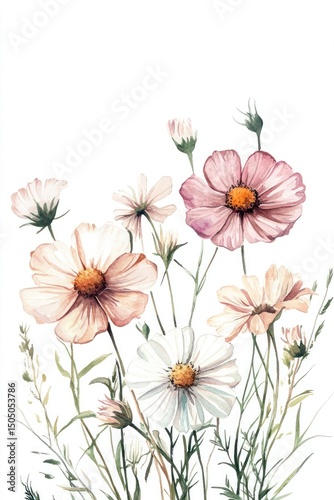 Delicate watercolor illustration of wildflowers, featuring pink and white daisies blooming in their natural elegance.
