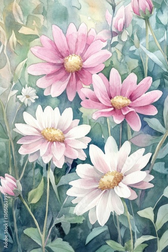 Delicate watercolor illustration of wildflowers, featuring pink and white daisies blooming in their natural elegance.