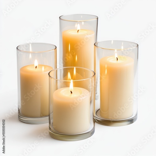Flameless candle set with glass holders on white background 