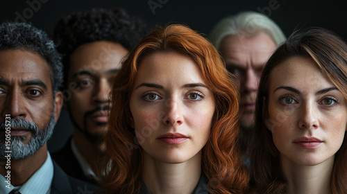 A diverse group of people standing together looking forward with serious expressions on their faces