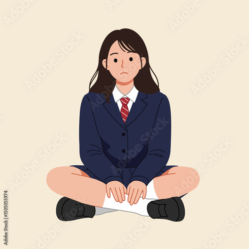 Girl Sitting Cross Legged Wearing Uniform with a Concerned Expression