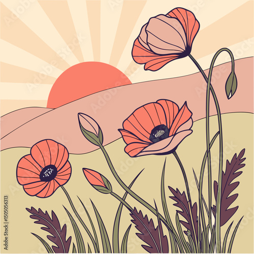 Vector illustration of vibrant poppy flowers in a sunlit field at sunrise, capturing the serene beauty of nature's early morning glow