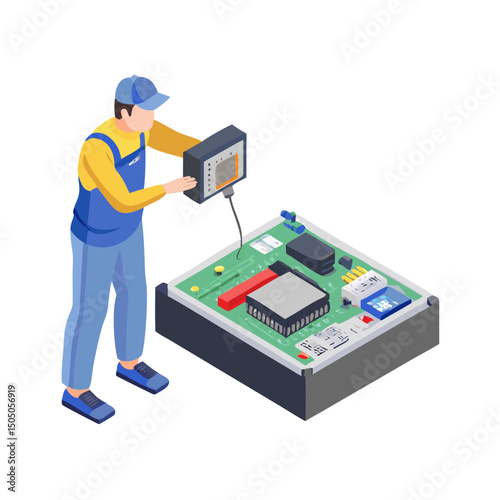 Vector illustration of technician working on tv motherboard, isolated on white background