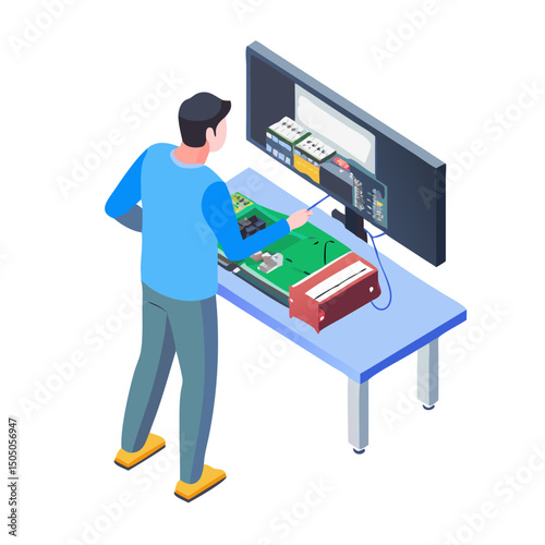 Vector illustration of technician working on tv motherboard, isolated on white background