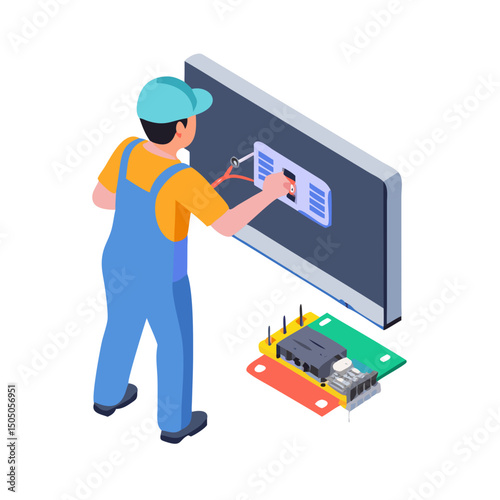 Vector illustration of technician working on tv motherboard, isolated on white background