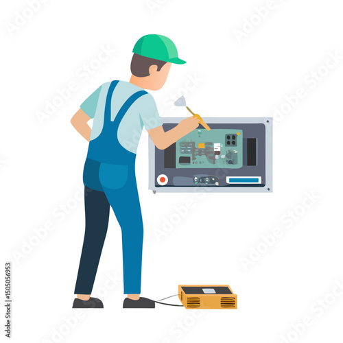 Vector illustration of technician working on tv motherboard, isolated on white background