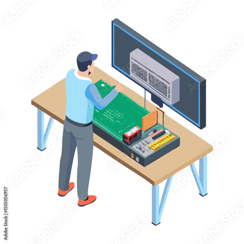 Vector illustration of technician working on tv motherboard, isolated on white background