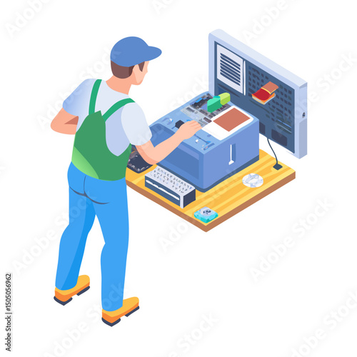 Vector illustration of technician working on tv motherboard, isolated on white background