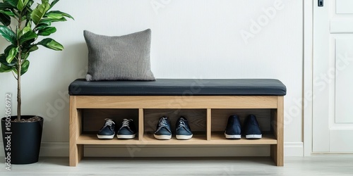 Hallway bench with shoe storage on white background photo