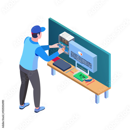 Vector illustration of technician working on tv motherboard, isolated on white background