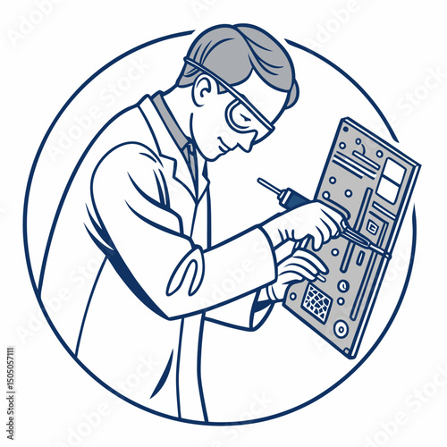 Vector illustration of technician working on tv motherboard, isolated on white background
