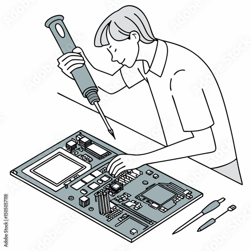 Vector illustration of technician working on tv motherboard, isolated on white background