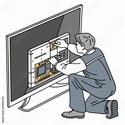 Vector illustration of technician working on tv motherboard, isolated on white background