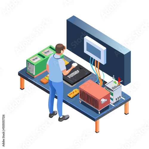 Vector illustration of technician working on tv motherboard, isolated on white background