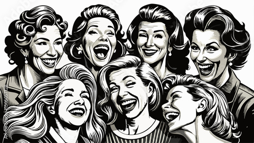 A joyful collection of expressive women captured in laughter, featuring classic hairstyles in black and white sketch style. Scratch board imitation enhances each engraving in this generative AI bundle