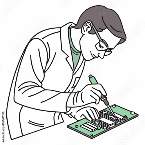 Vector illustration of technician working on tv motherboard, isolated on white background