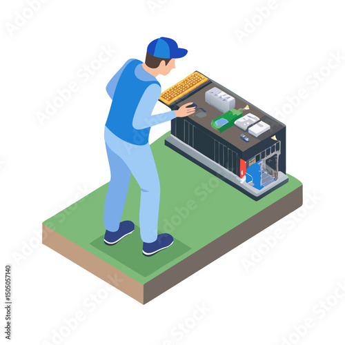 Vector illustration of technician working on tv motherboard, isolated on white background
