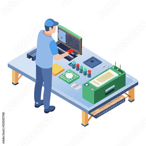Vector illustration of technician working on tv motherboard, isolated on white background