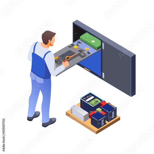 Vector illustration of technician working on tv motherboard, isolated on white background