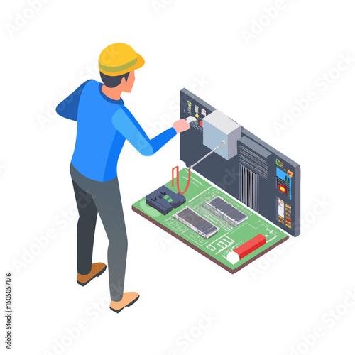 Vector illustration of technician working on tv motherboard, isolated on white background