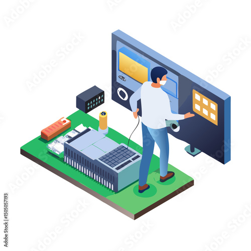 Vector illustration of technician working on tv motherboard, isolated on white background