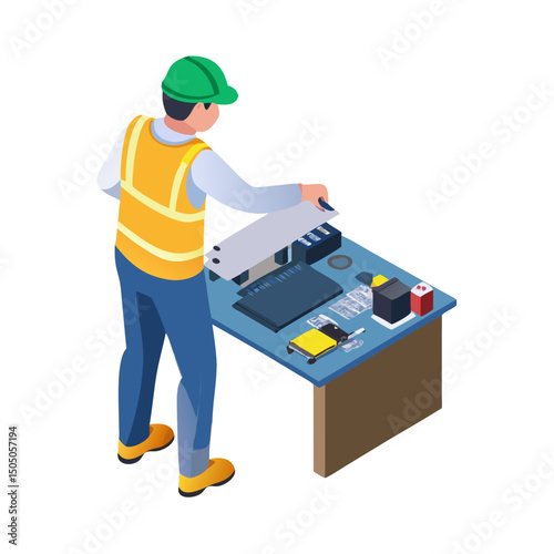 Vector illustration of technician working on tv motherboard, isolated on white background