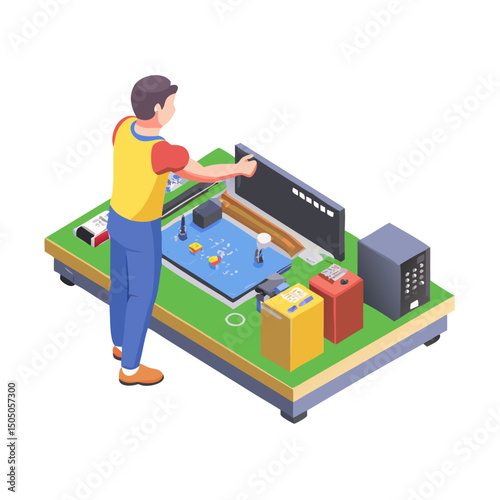 Vector illustration of technician working on tv motherboard, isolated on white background
