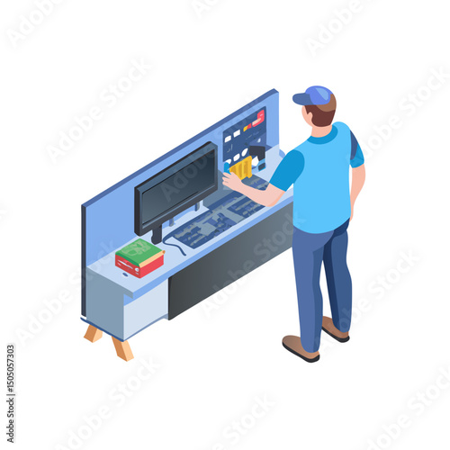 Vector illustration of technician working on tv motherboard, isolated on white background