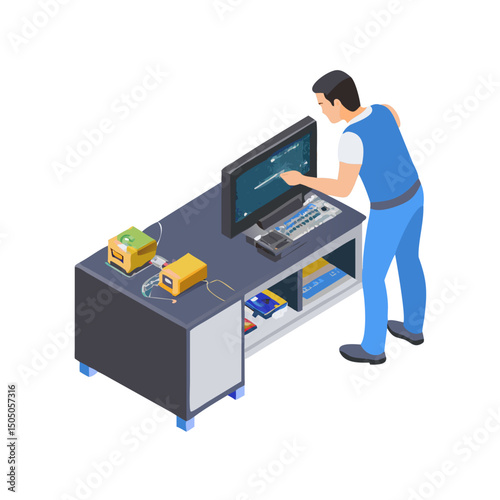 Vector illustration of technician working on tv motherboard, isolated on white background