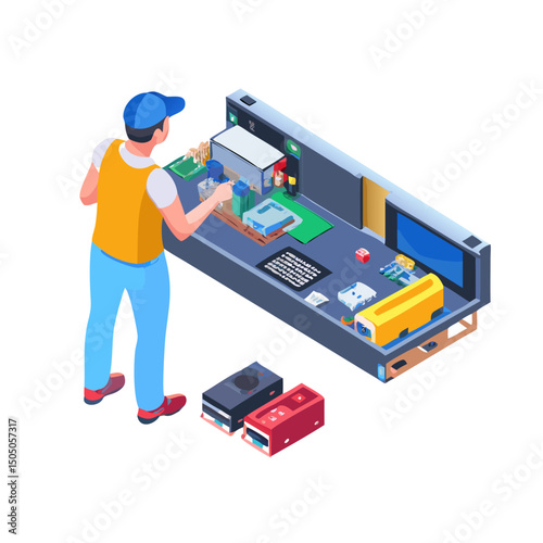 Vector illustration of technician working on tv motherboard, isolated on white background