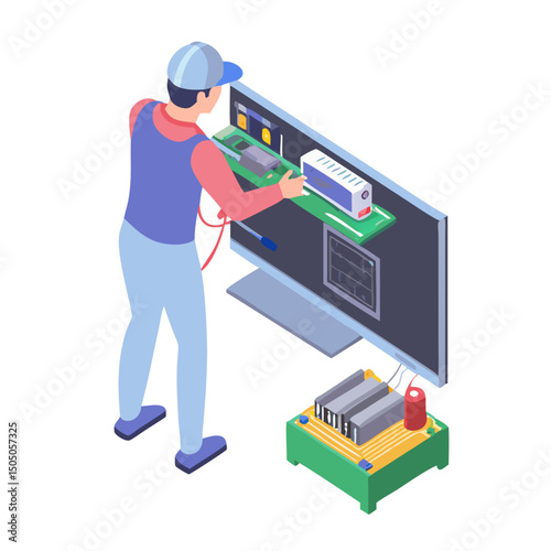 Vector illustration of technician working on tv motherboard, isolated on white background
