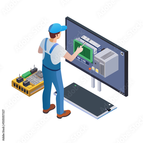 Vector illustration of technician working on tv motherboard, isolated on white background