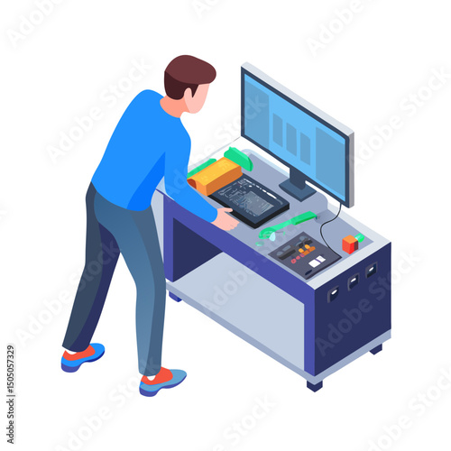 Vector illustration of technician working on tv motherboard, isolated on white background