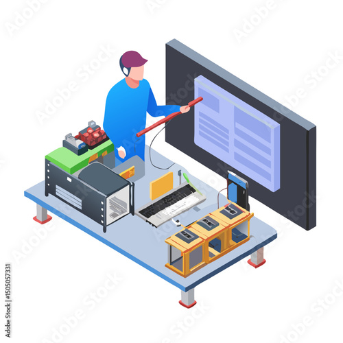 Vector illustration of technician working on tv motherboard, isolated on white background
