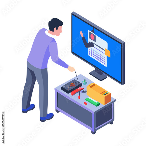 Vector illustration of technician working on tv motherboard, isolated on white background
