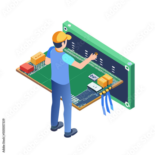 Vector illustration of technician working on tv motherboard, isolated on white background