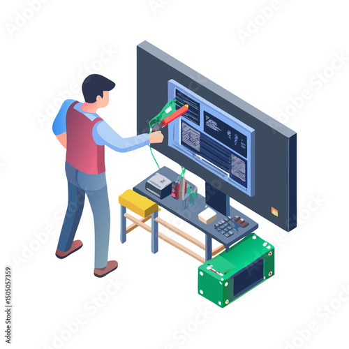 Vector illustration of technician working on tv motherboard, isolated on white background