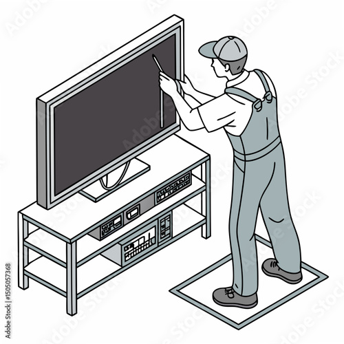 Vector illustration of technician working on tv motherboard, isolated on white background