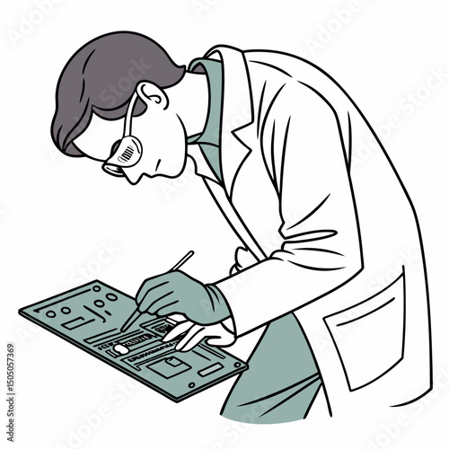 Vector illustration of technician working on tv motherboard, isolated on white background