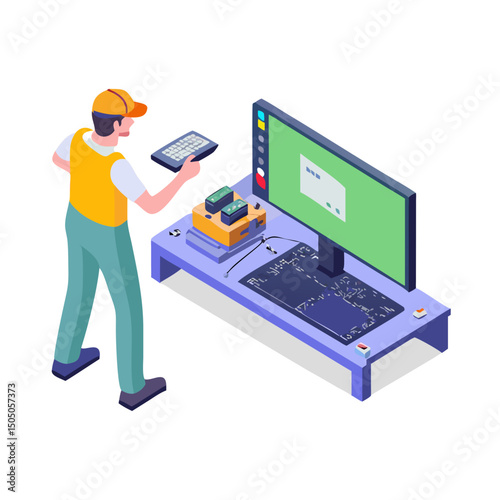 Vector illustration of technician working on tv motherboard, isolated on white background