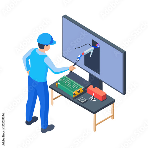 Vector illustration of technician working on tv motherboard, isolated on white background