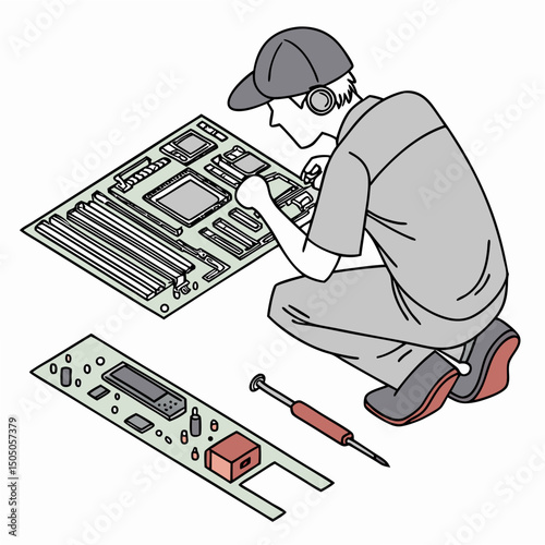 Vector illustration of technician working on tv motherboard, isolated on white background