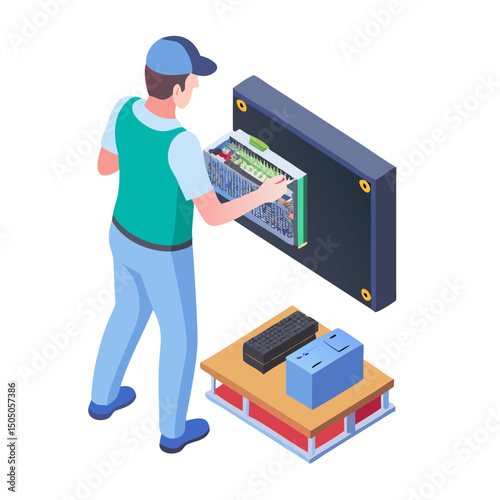 Vector illustration of technician working on tv motherboard, isolated on white background
