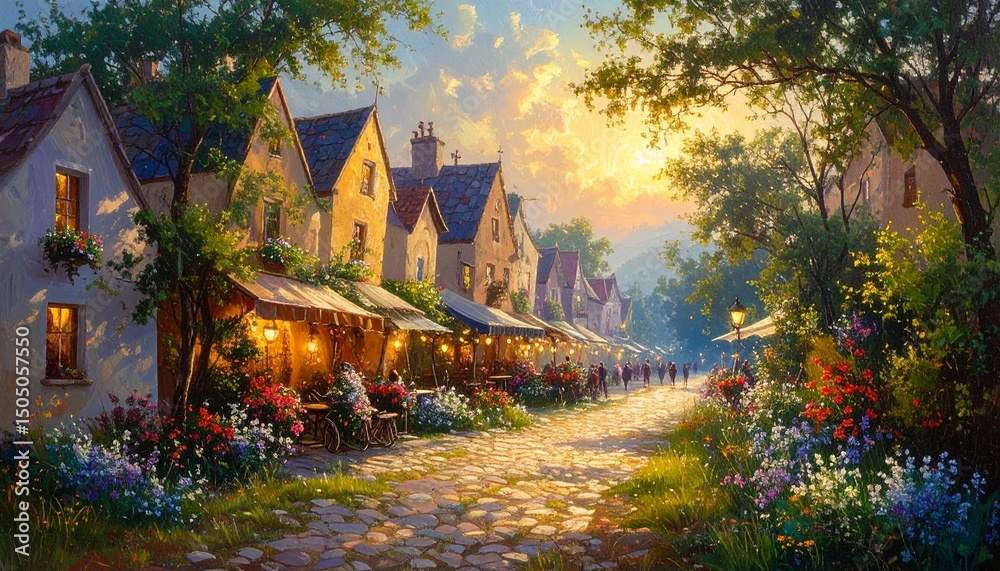 Naklejka premium Traditional houses of white walls and tile roofs, colorful autumn trees and lush flower gardens.