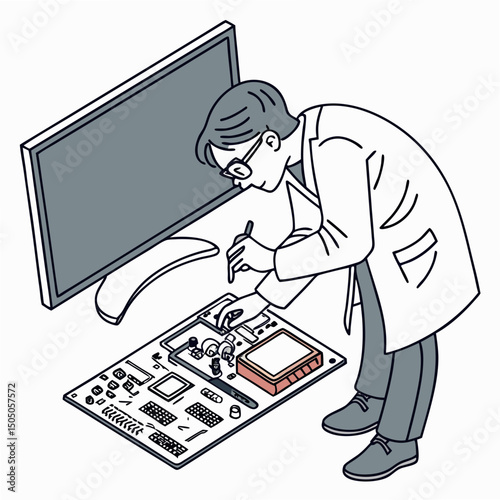 Vector illustration of technician working on tv motherboard, isolated on white background