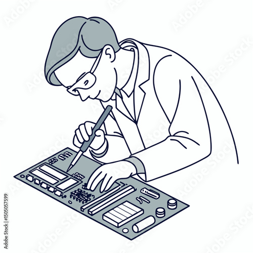 Vector illustration of technician working on tv motherboard, isolated on white background